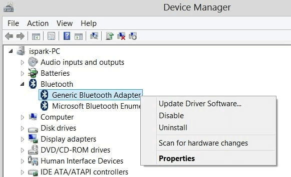 Device Manager-right click on the generic bluetooth radio driver option