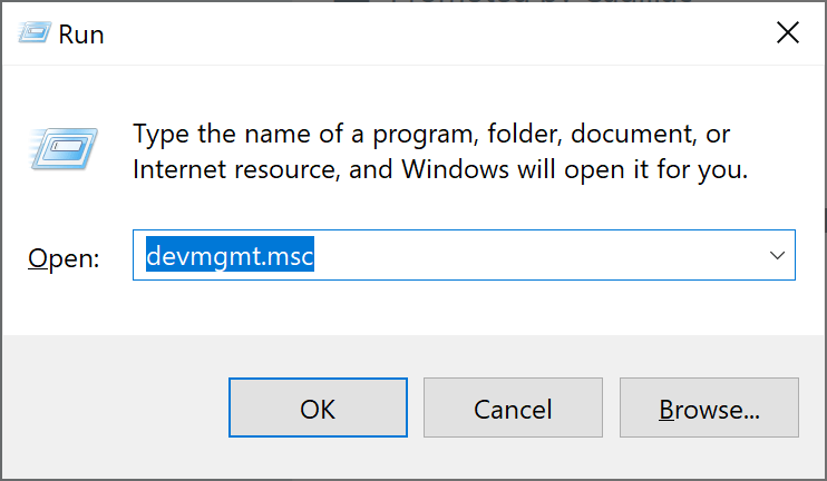 type “devmgmt.msc” in the Run dialog box