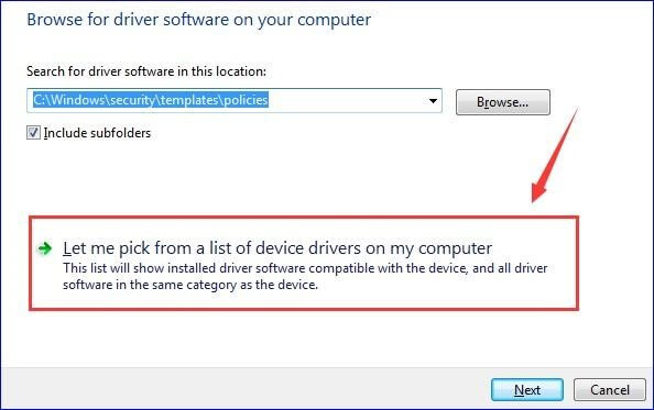 Select Let me pick up a list of device drivers on my computer option