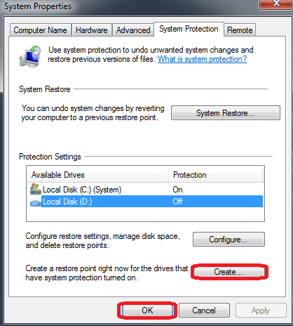 System Properties-click on the Create button