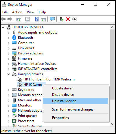 Select Camera option and then choose Uninstall device