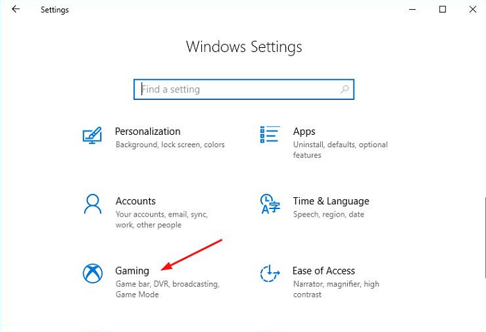 Click on gaming from windows settings