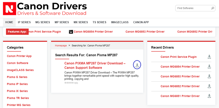click on download icon for Canon Pixma MP287 driver