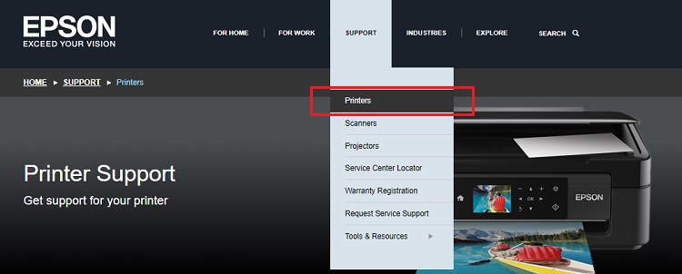 Support tab and select Printers from epson official site