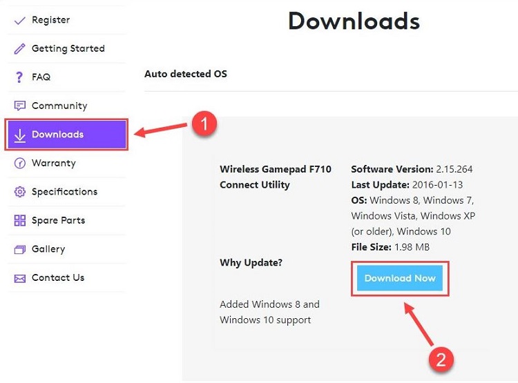 click on download tab and download Wireless Gamepad F710 connect utility