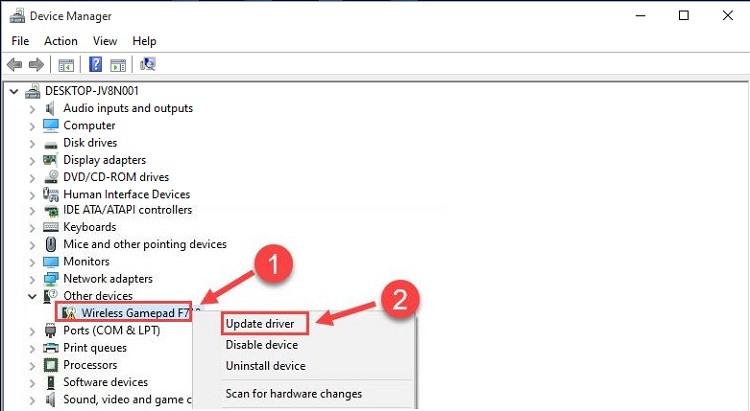 right-click on the Logitech Wireless Gamepad F710 afterward click on Update Driver option