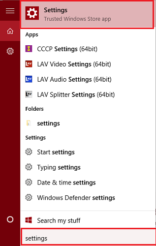 type settings in start menu