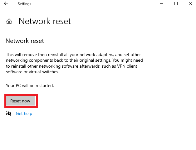 Reset Now For Network Reset