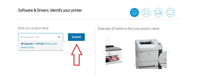 Type HP LaserJet MF1136 Pro in Search Box