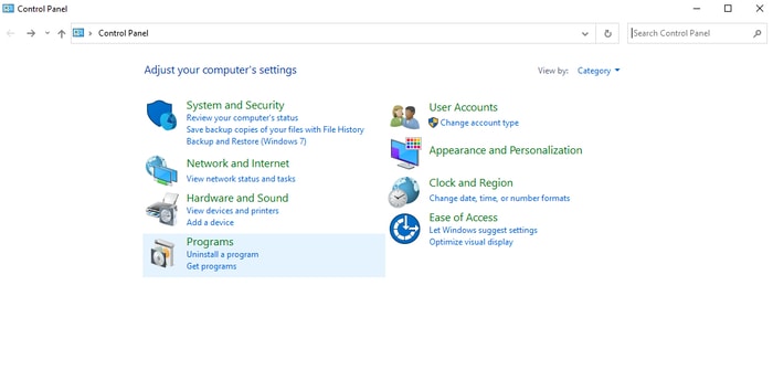 Open Control Panel Window and Choose Programs