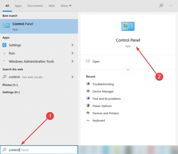 Windows search box and Control Panel