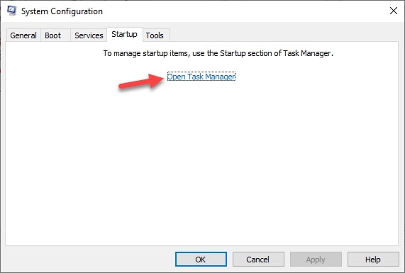 Open Task Manager from Startup Tab