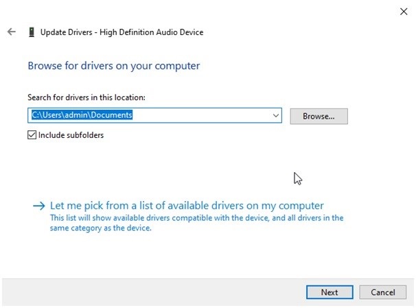 Enter the location of the downloaded driver software