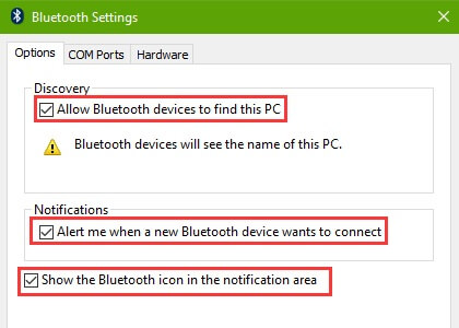 Allow Bluetooth devices to find this PC.