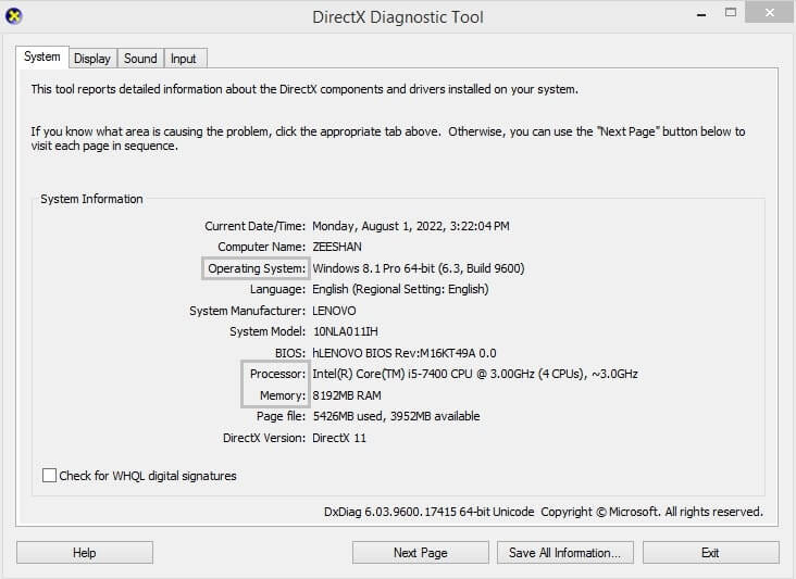 Directx Diagnostic Tool 