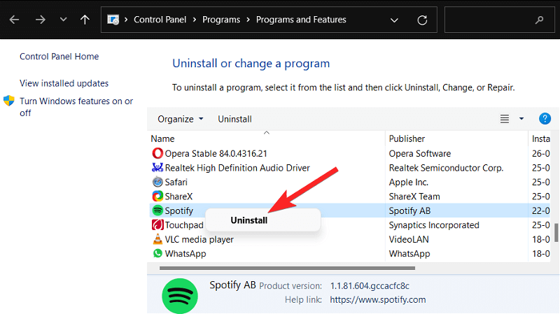 Spotify app and select the Uninstall option