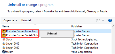 Rockstar games launcher and social club programs and click on Uninstall option