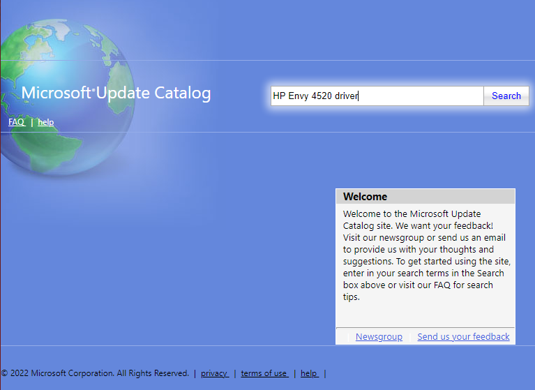 Visit the Microsoft Update Catalog click on the search bar and type HP Envy 4520 driver and then press the Enter key