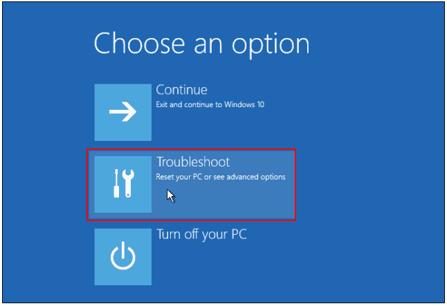 Choose Troubleshoot from the Windows Recovery Environment