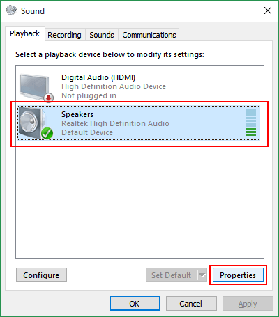 Select the audio device again and navigate to its Properties