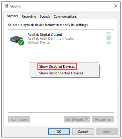 choose the option to Show Disabled Devices