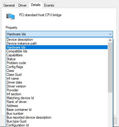 click on the Property dropdown menu and select the Hardware Ids