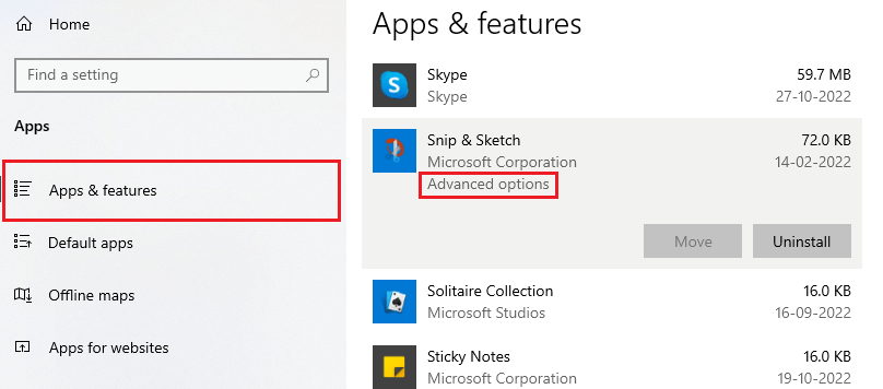 select the Apps & features tab and click on the Advanced options