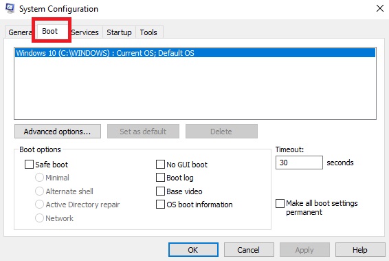 Once the System Configuration Menu has loaded, click on the Boot tab