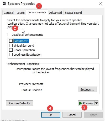 Navigate to the Enhancements tab and select the Disable all enhancements checkbox