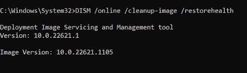 Enter the command DISM /Online /Cleanup-Image /RestoreHealth in the Command Prompt window.