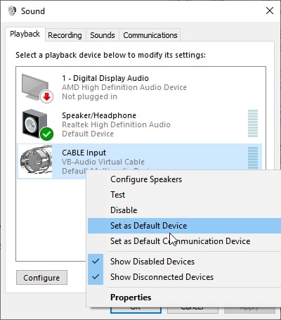 Choose the Cable Input As The Playback Device