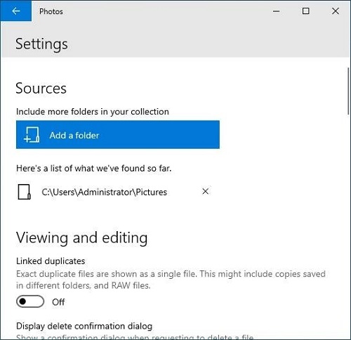 Settings section of Microsoft Photos and switch the Linked duplicates toggle to Off