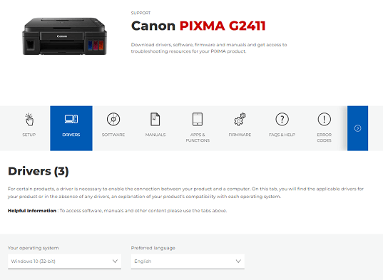 Visit the official Canon PIXMA G2411 website to download the most recent Canon G2411 driver